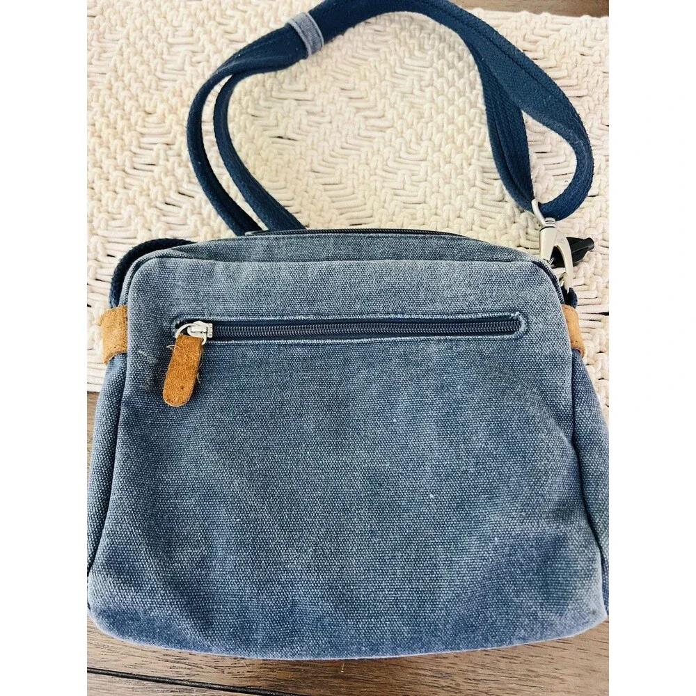 Travelon Anti Theft Heritage Small Crossbody Bag Indigo Blue Denim Canvas RFID